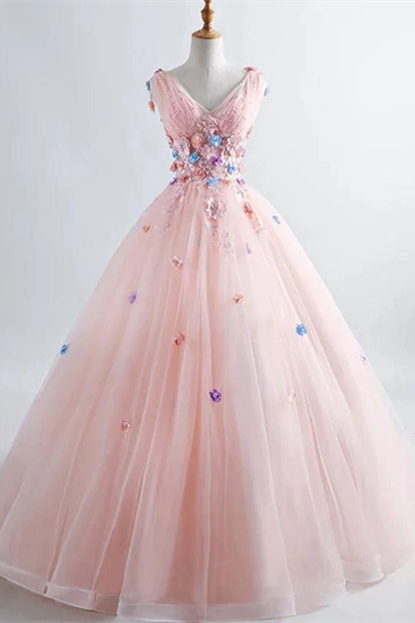 Pink Princess Blush Ball Gown 3D Floral Applique V Neck Boho Prom Quinceanera Dress KPP1533