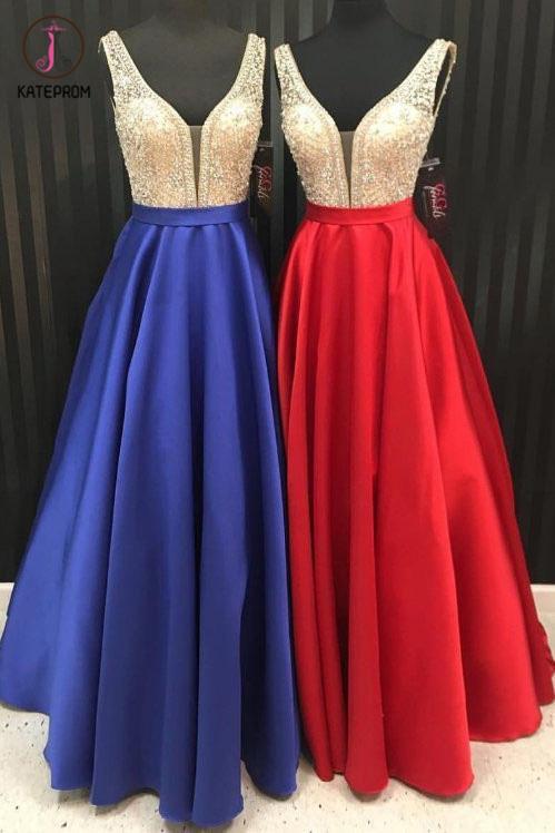 Sparkly Satin Pink Beaded Long Prom Dress With Open Back KPP1131