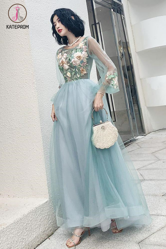 Elegant Long Sleeves Appliqued Tulle Prom Dress, Floor Length Appliques Evening Dress KPP1078