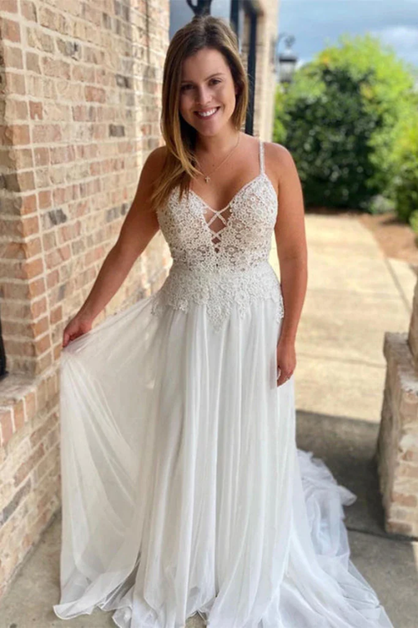 V Neck Open Back White Lace Long Prom Wedding Dresses with Train KPP1645