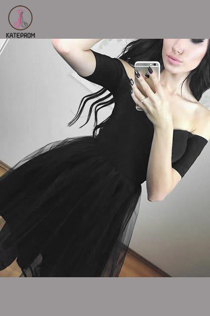 Black Off Shoulder Tulle Above Knee Homecoming Dress, Simple Short Prom Dresses KPH0402