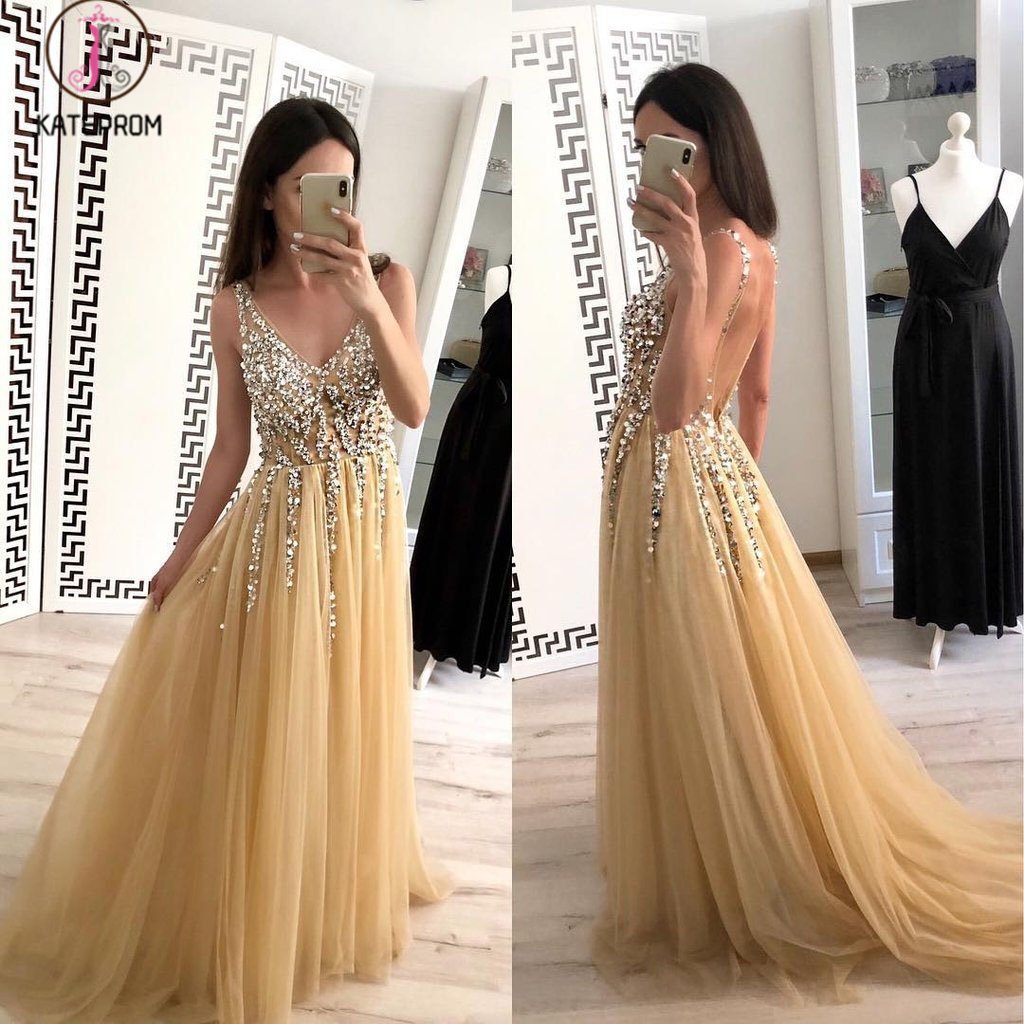 Sparkly V Neck Sleeveless Beading Prom Dress with Crystal, A Line Tulle Party Dress KPP0817