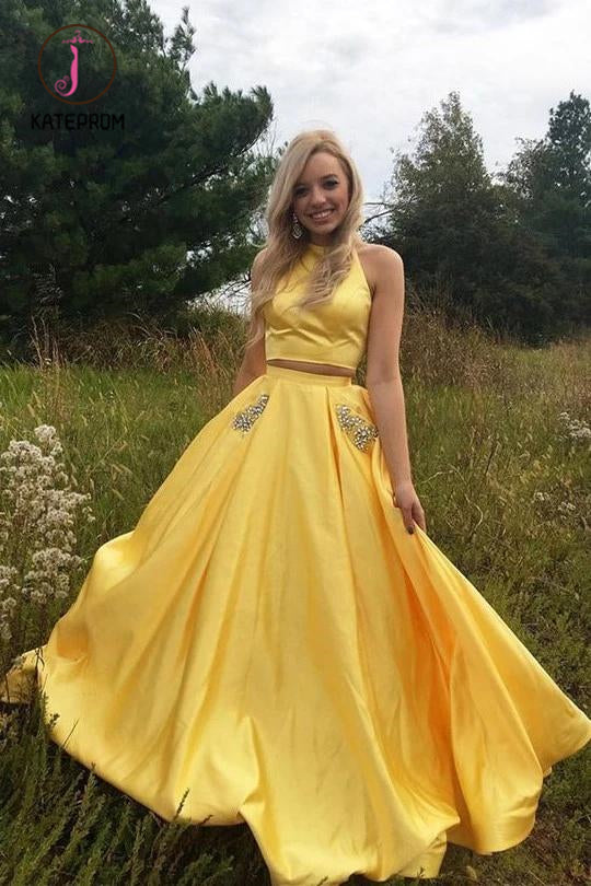 Yellow Satin Two Pieces Long Homecoming Dress with Silver Beading, Prom Dress KPP0983