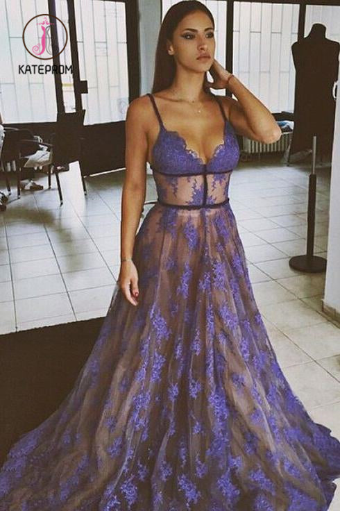 Purple Lace Spaghetti Straps Nude Lining Long Sexy Prom Dress, Long Party Dresses KPP0905