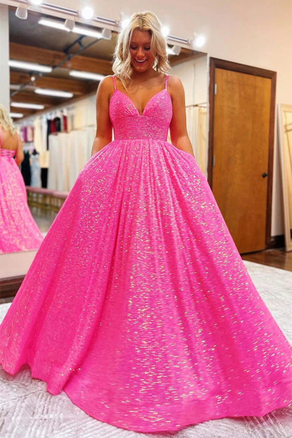Shiny Hot Pink Sequins V Neck Backless Long Prom Dress KPP1514