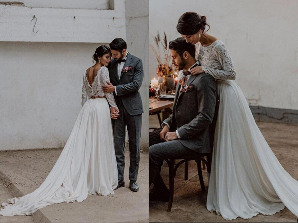 Chiffon Two Pieces Long Sleeves Wedding Dresses, Lace Bridal Dresses KPW0682