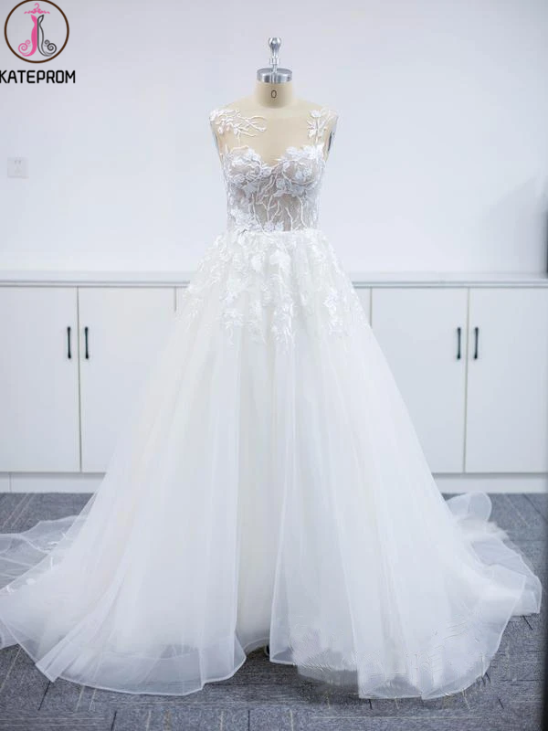 A-Line Floral Applique Beach Wedding Dresses, wedding gown new,White Evening Dresses KPW0592