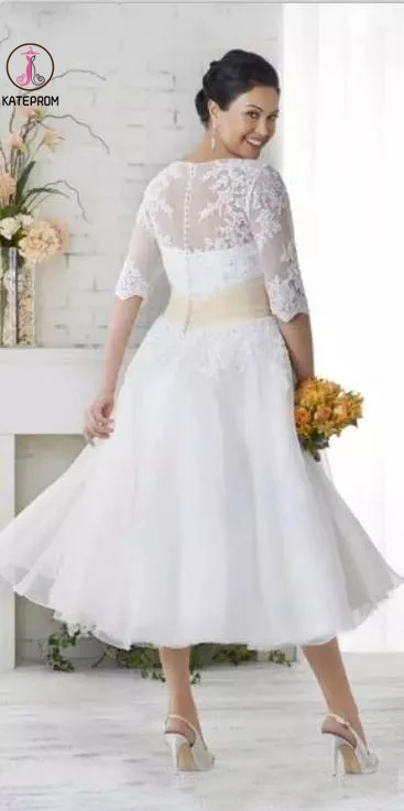 Chic Tea Length Wedding Dresses A-line Half Sleeve V neck Lace Wedding Dress KPM0008