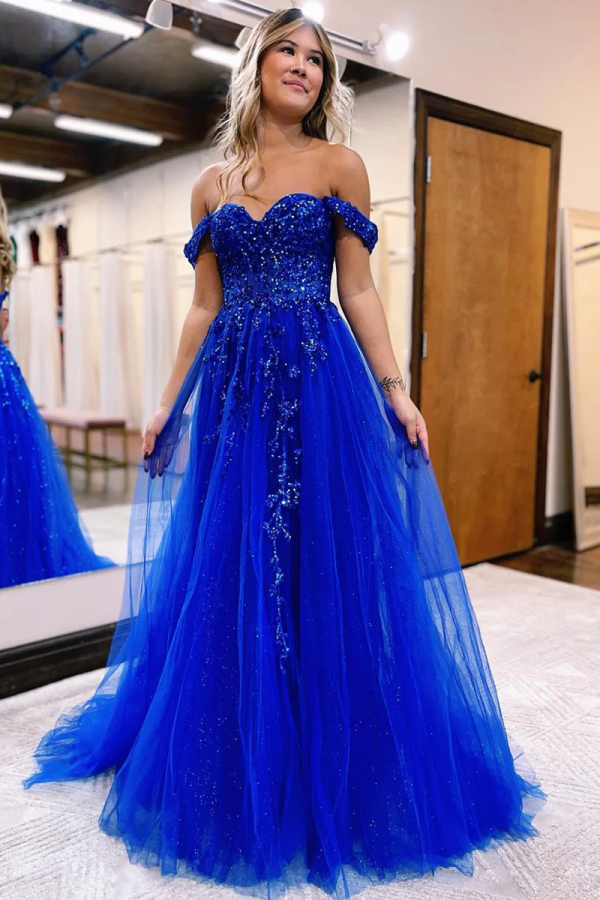 Cute A Line Off the Shoulder Royal Blue Prom Dresses with Appliques KPP1772