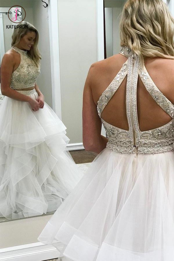 Two Piece High Neck Prom Dress with Beading, Charming Floor Length Party Dress KPP0822