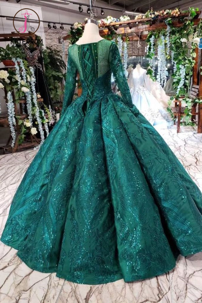 Dark Green Long Sleeves Ball Gown Prom Dress with Beads, Quinceanera Dress KPP0906