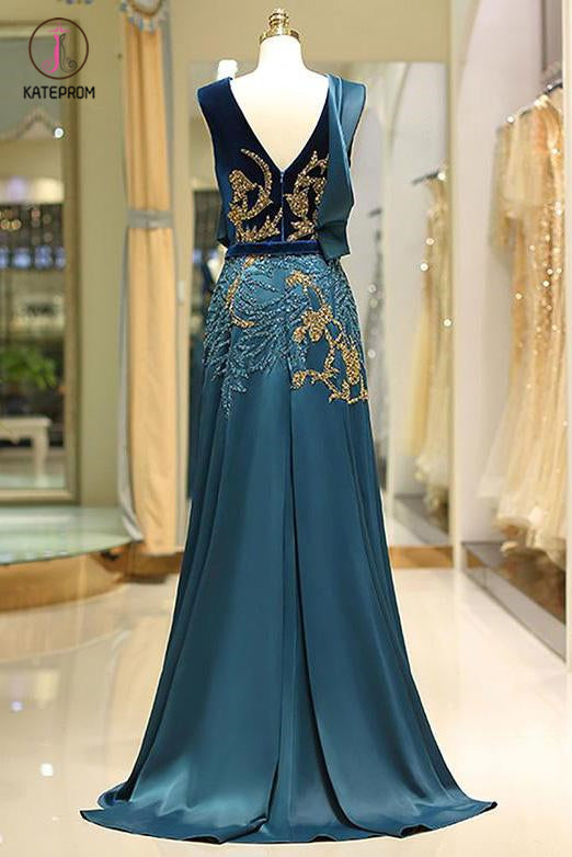 Sparkly V Neck Long Satin Prom Dress with Sequin Belt Beading Evening Dress KPP0721