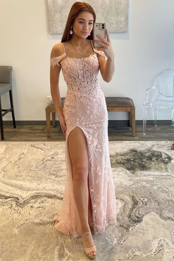Shiny Off Shoulder Pink Lace Long Prom Dress with High Slit, Pink Lace Formal Dress KPP1726