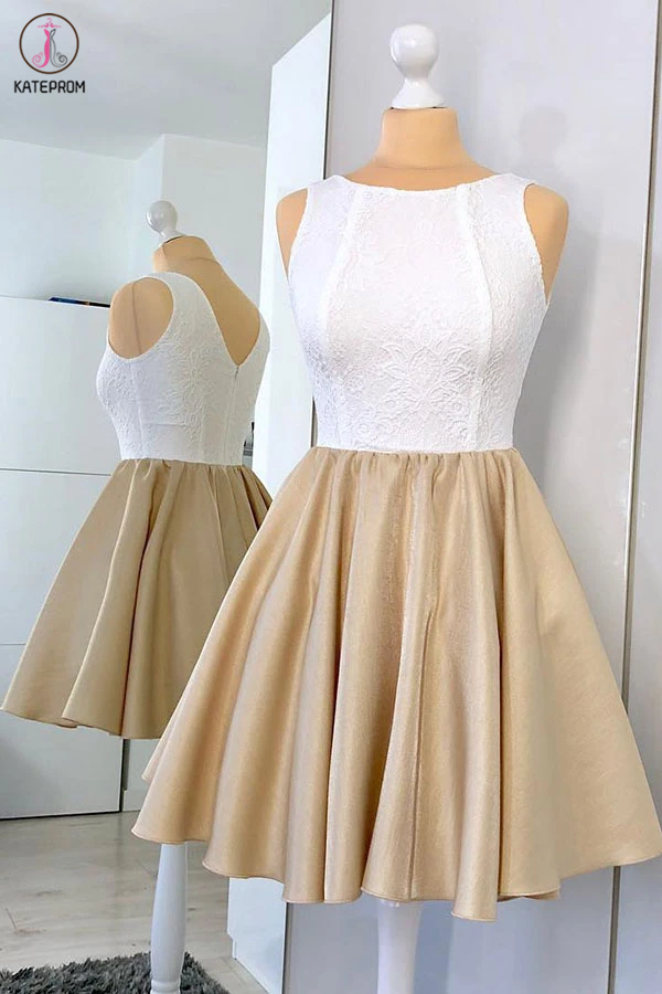 Simple Short Homecoming Dress with Lace, Modern A Line Ruched Satin Party Dress KPH0483