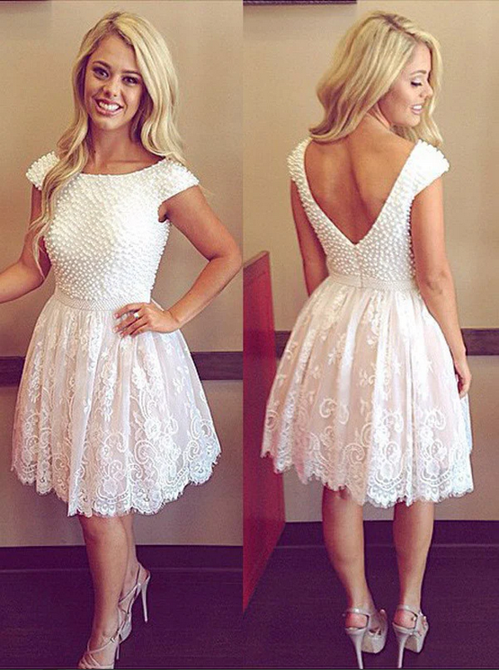 White Appliques Lace Homecoming Dresses, Scoop Beaded Irregular Short Prom Dress KPH0670