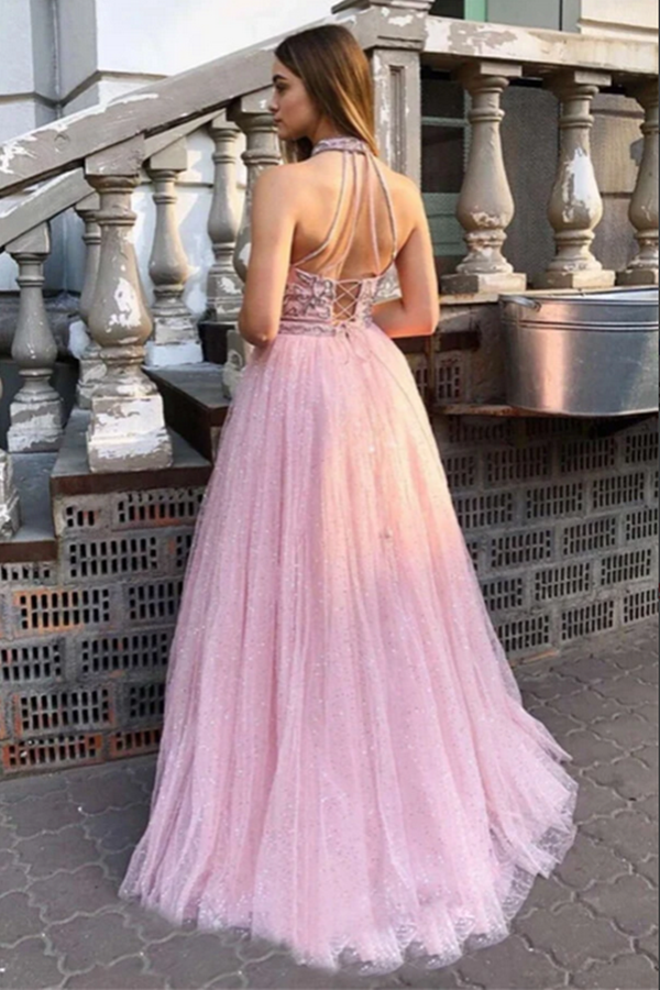 Sparkly Tulle A line Halter Appliqued Long Prom Dresses, Evening Gowns KPP1486