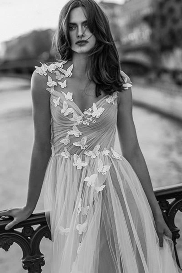 A Line Gray Tulle Open Back Butterfly Sleeveless Long Party Dresses Prom Dresses KPP1379