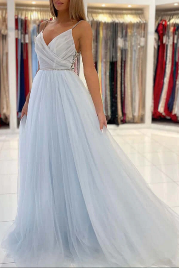 Light Blue Tulle A line V neck Backless Long Prom Dresses, Evening Gown KPP1543