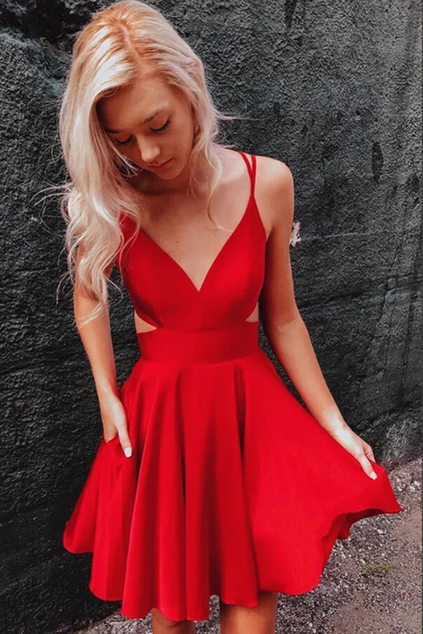 Red A line V neck Spaghetti Straps Homecoming Dresses, Graduation Dress KPH0639
