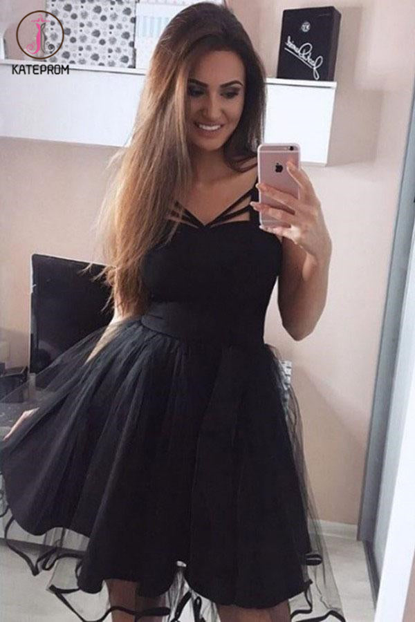 A-Line V-Neck Above-Knee Black Homecoming Dress, Black Tulle Cocktail Dress KPH0391