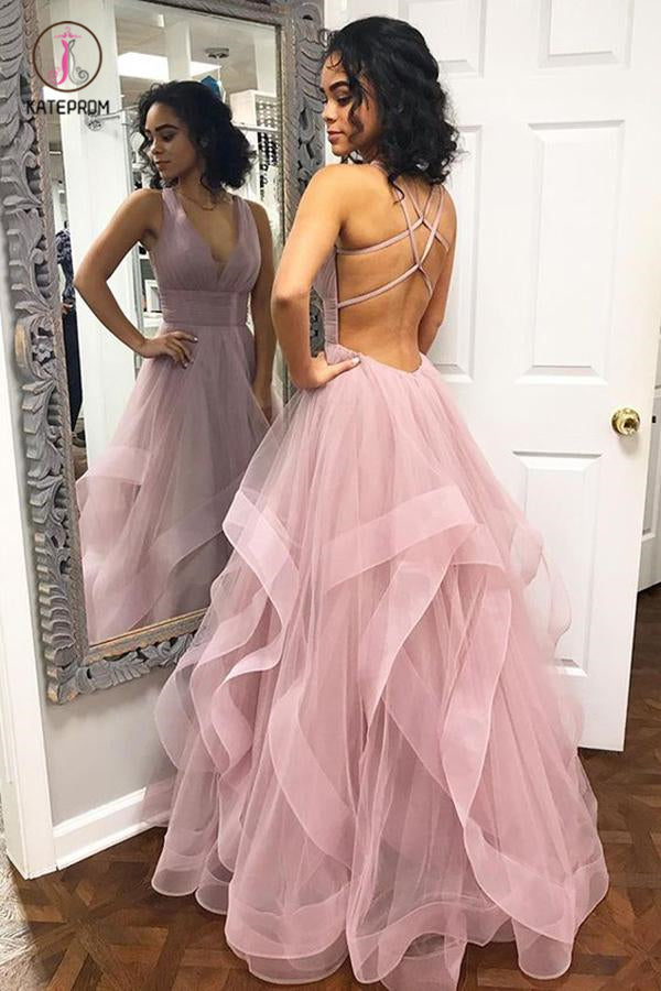 Sexy Deep V Neck Ruffled Long Prom Dress with Criss Cross Back, Long Party Dress KPP0749