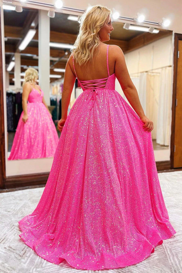 Shiny Hot Pink Sequins V Neck Backless Long Prom Dress KPP1514