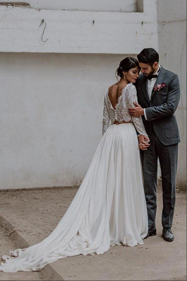 Chiffon Two Pieces Long Sleeves Wedding Dresses, Lace Bridal Dresses KPW0682