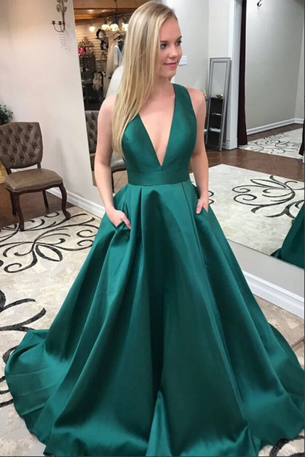 Dark Green Satin A Line V Neck Prom Dresses With Pockets, Evening Gown KPP1493