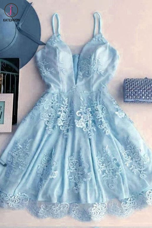 Light Blue Spaghetti Strap Lace Appliqued Short Homecoming Dresses, Sexy Mini Prom Dress KPH0445
