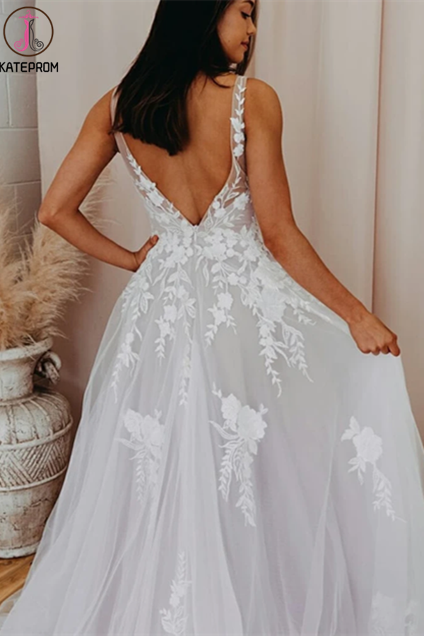 A-line V Neck Soft Tulle Lace Appliques Romantic Wedding Dress KPW0607