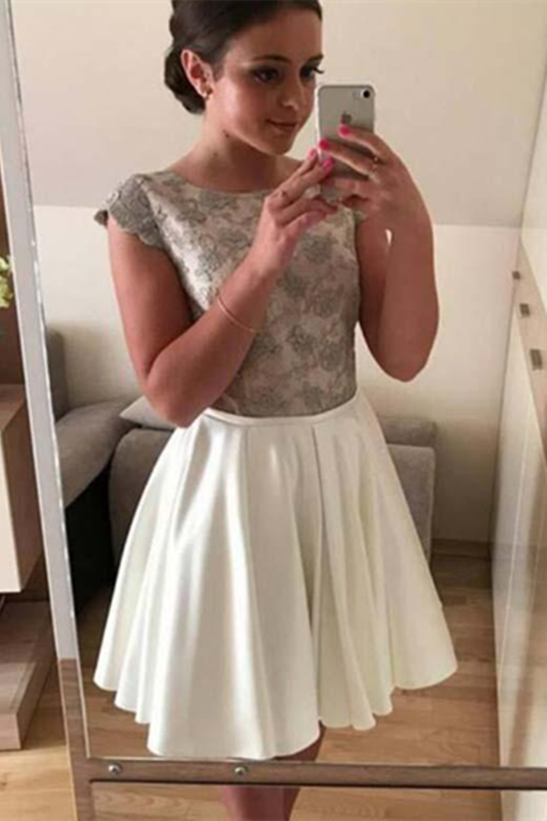 Round Neck Short Homecoming Dresses with Applique, Short Prom Dresses KPH0558