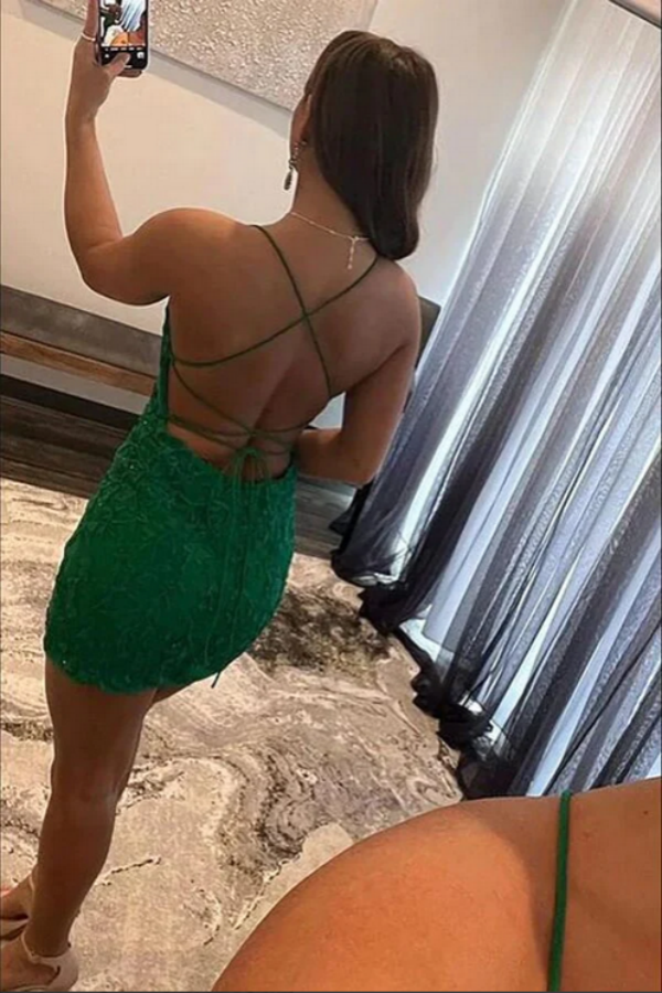 Green Sheath Spaghetti Straps Lace Homecoming Dresses, Graduation Dress KPH0664