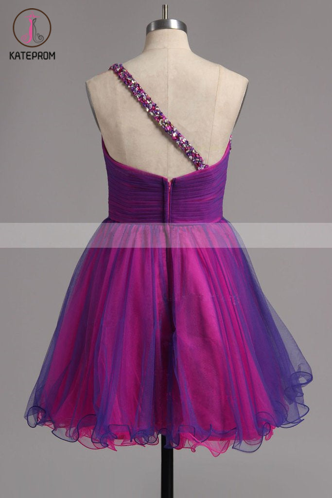 A-line One Shoulder Tulle Short Ruffles Homecoming Dresses with Beads KPH0413