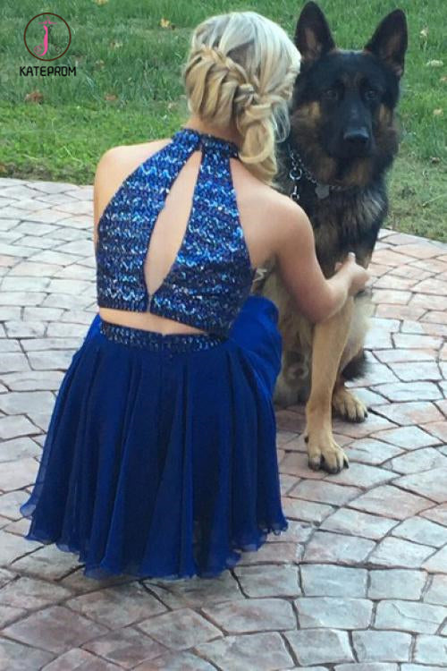 Luxurious Beading Two Piece Open Back Royal Blue Chiffon Short Homecoming Dress KPH0301