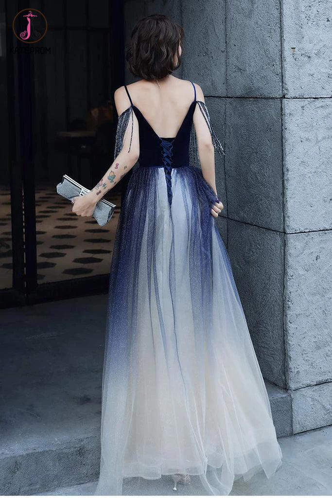 Blue Ombre Spaghetti Straps Long Prom Dress with Tassels, Unique Evening Dress KPP1290