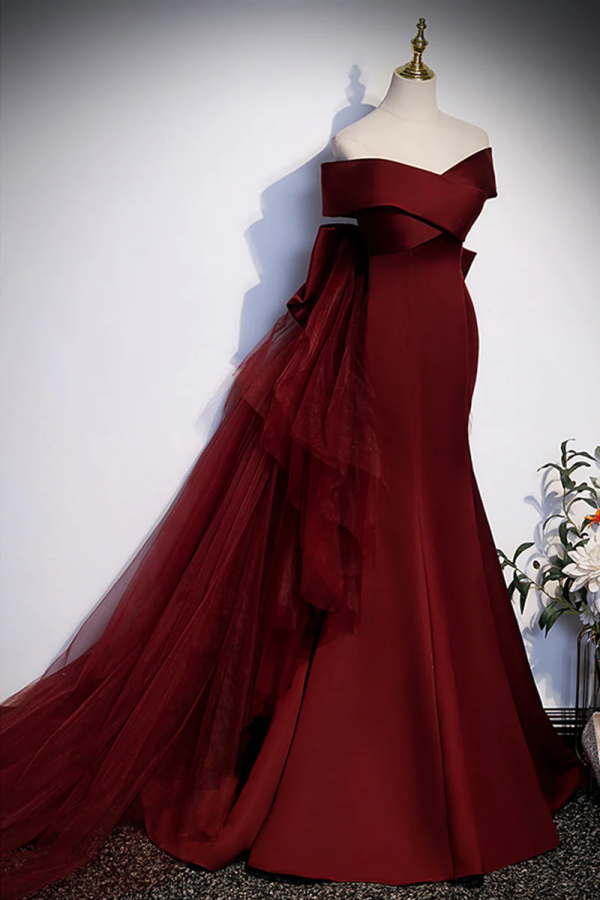 Burgundy Mermaid Long Prom Dress, Off the Shoulder V Neck Formal Evening Dress KPP1756