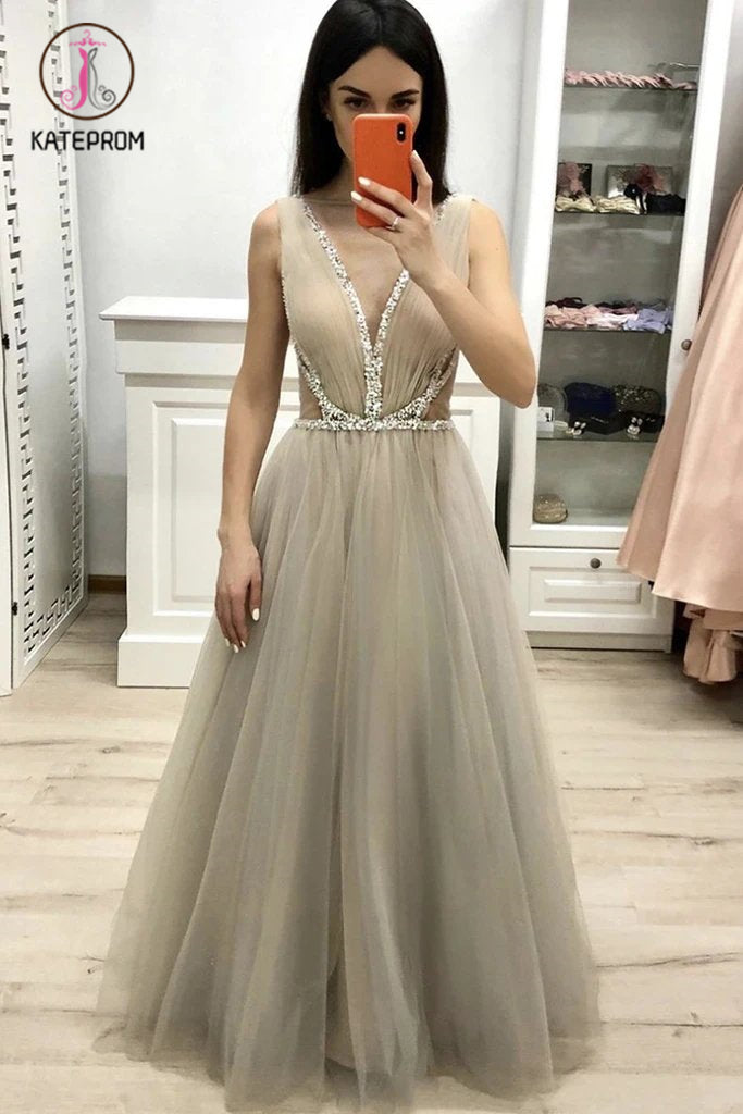 Deep V Neck Sleeveless Floor Length Prom Dress with Beading, A Line Tulle Long Dress KPP1248