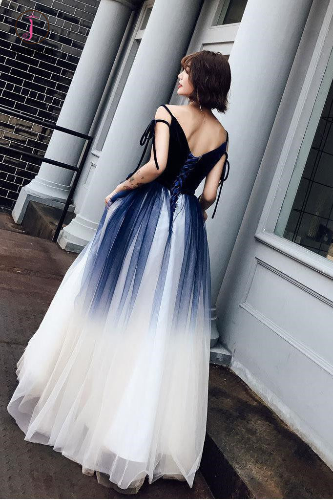 Blue Ombre Long Tulle Prom Dress, Unique V Neck Sleeveless Party Dresses, Dance Dress KPP0828