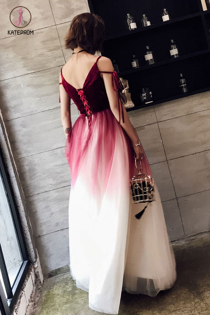 Ombre Long Tulle Prom Dress, Unique V Neck Sleeveless Party Dresses, Dance Dress KPP0827