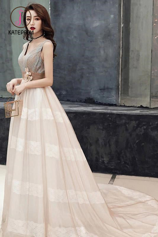 Unique V Neck Tulle Lace Long Prom Dress Tulle V Back Evening Dress with Train KPP1000