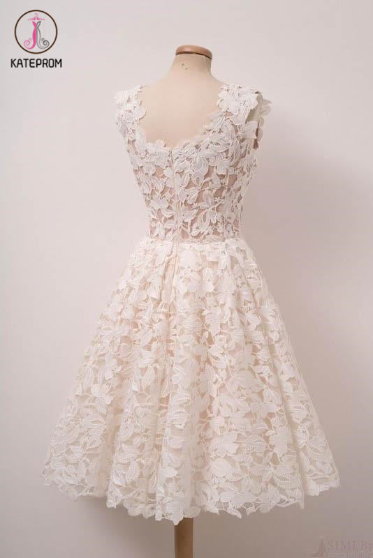 Ivory Lace Knee Length Homecoming Dresses, A Line Scoop Sleeveless Graduation Dress KPH0442