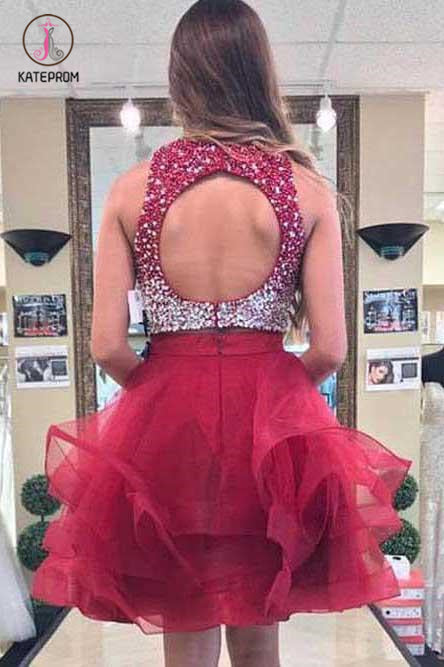Two Piece Burgundy Homecoming Dress with Open Back, Sequined Short Prom Dress KPH0368