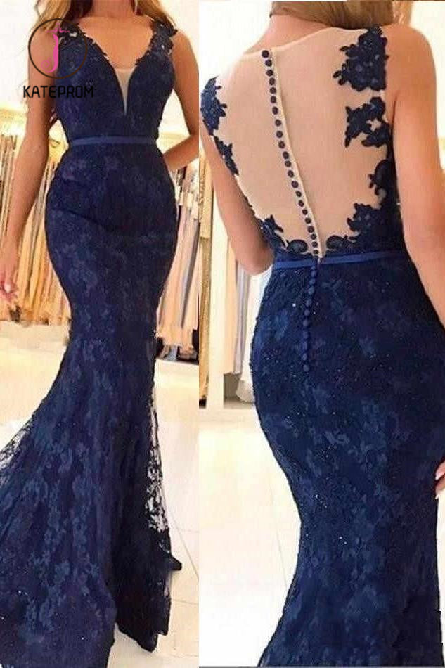Navy Blue Sleeveless Lace Formal Dresses, Mermaid Sheer Back Lace Prom Gown KPP0964