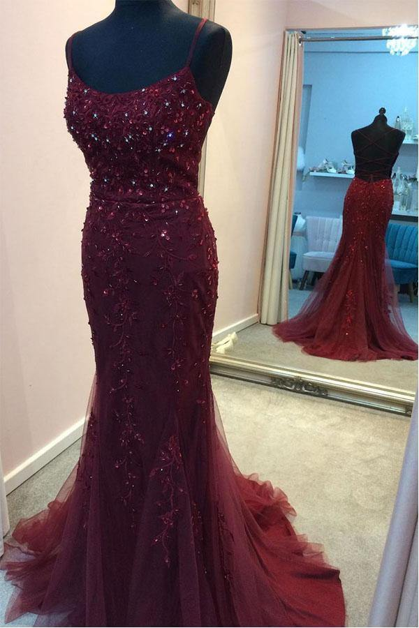 Septing - septing Straps Mermaid Burgundy Beaded Long Prom Dress Evening Dress KPP1630