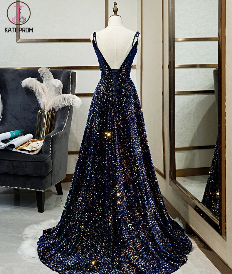 Sparkly Long A-line Lace Up Back Evening Prom Dresses Party Dress KPP1310