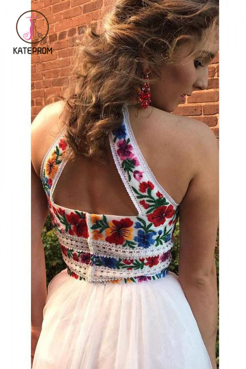 Two Piece High Neck Long Prom Dress with Appliques, Unique Sleeveless Party Dress KPP0911