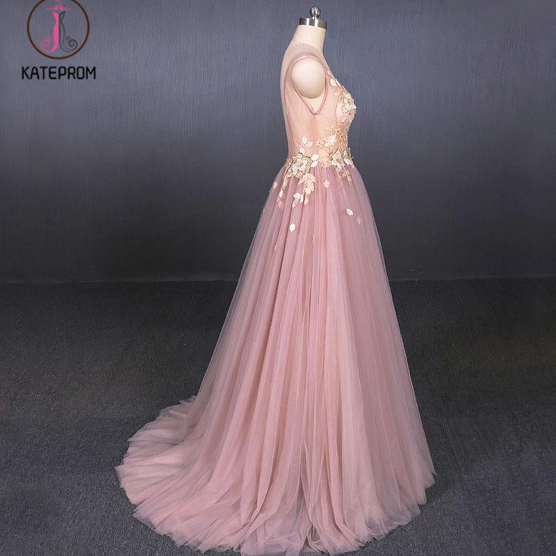 Pink V Neck Sleeveless Tulle Prom Dress with Appliques, A Line Tulle Evening Dress KPP1092