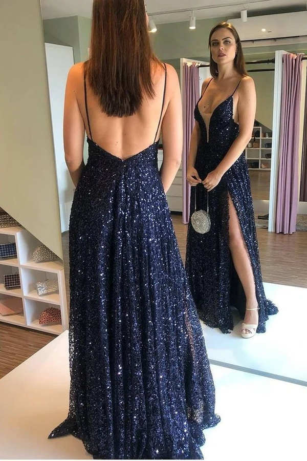New Backless Spaghetti Straps Long Zipper Back Prom Dresses KPP1466