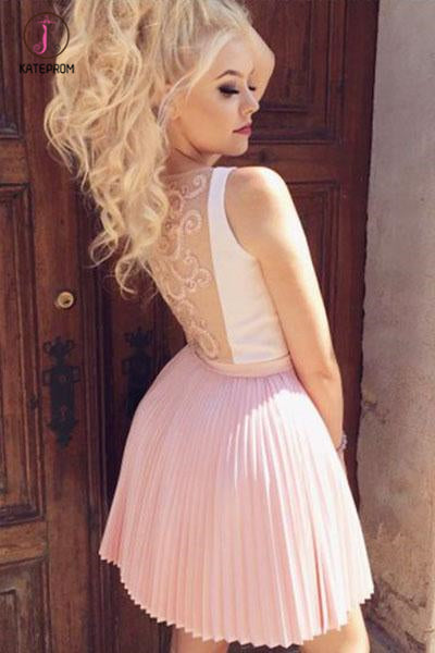 Mini Pink V Neck Sleeveless Ruched Homecoming Dress, Short Pleats Short Prom Dress KPH0310