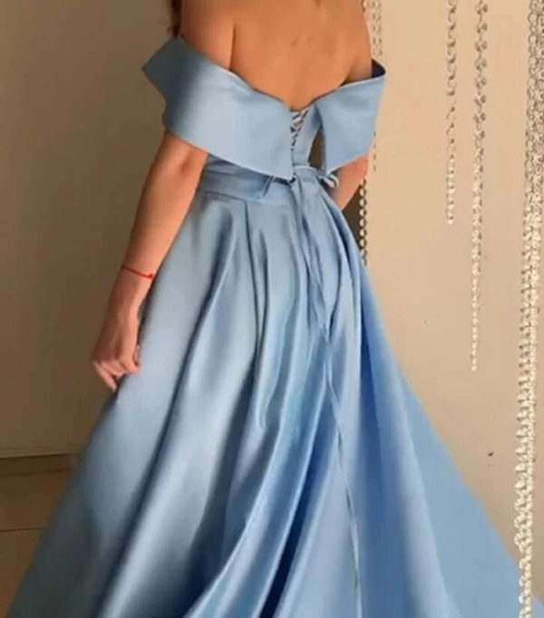 Stunning Sky Baby Blue off the Shoulder Pocket A Line Satin Prom Long Graduation Party Dress KPP1393